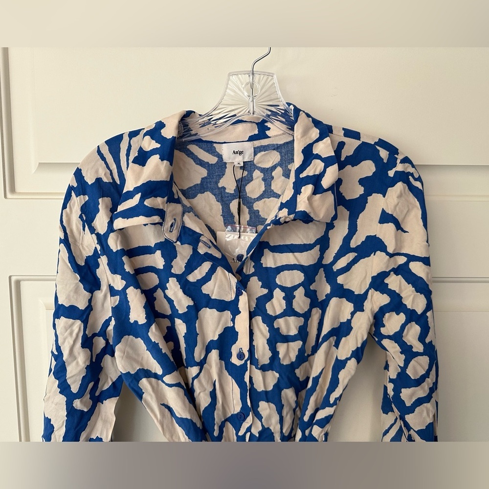 An'ge Blue & Cream Tie-Waist Shirt Dress Boho Chic Normcore Femine Flowy XL - Picture 3 of 5